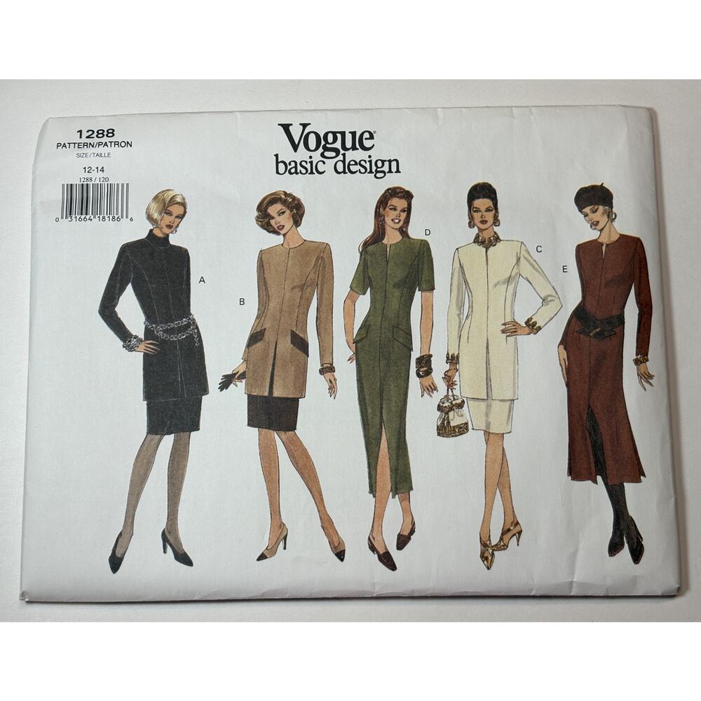Vogue 1288 Misses Sizes 12 - 14 Very Easy Dress Tunic and Skirt 1993 vn